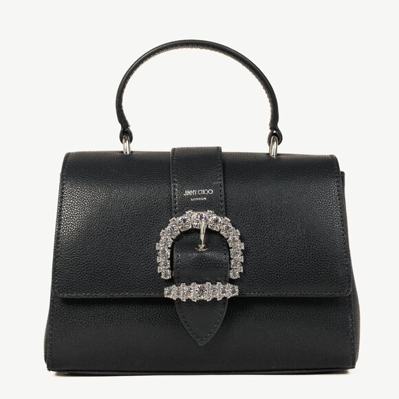 Jimmy Choo Cheri Black Soft Grainy Leather Crystal-Buckle Top Handle Bag - Picture 1 of 14